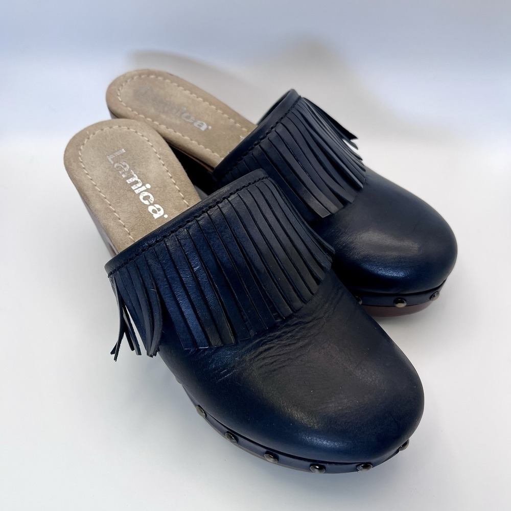 Lamica Navy Clog Leather Fringe Stud Wood Heel Platform Blue Women US 6 36 Italy - Picture 2 of 11